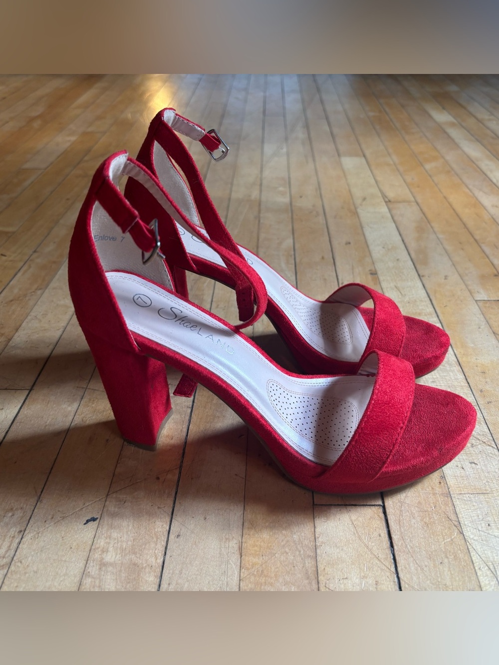 ShoeLand Red Suede Block Heel Ankle Strap Heels